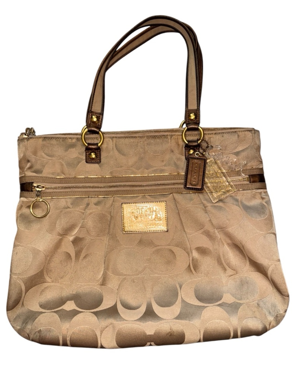 COACH Poppy Signature tote shoulder bag in khaki and gold
